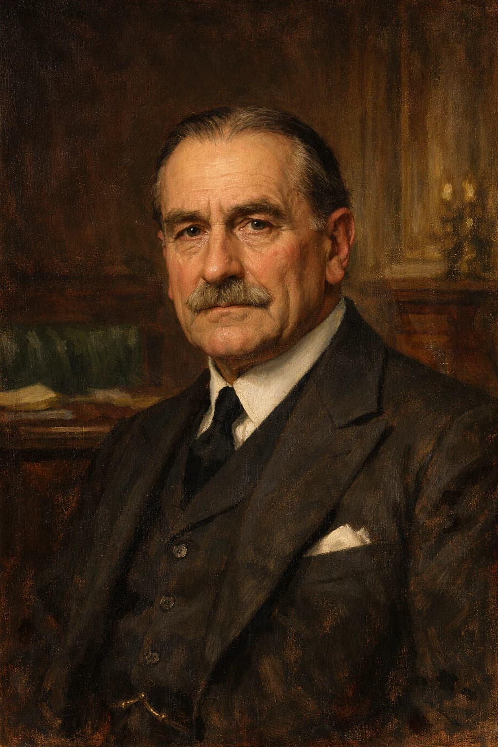 AI-generated portrait of Stanley Baldwin in formal ministerial attire
