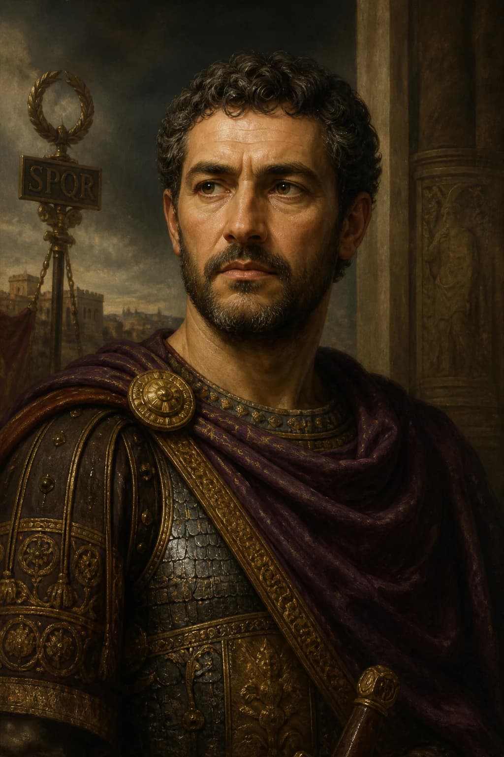 AI-generated portrait of Stilicho in armour before Roman standards marked SPQR