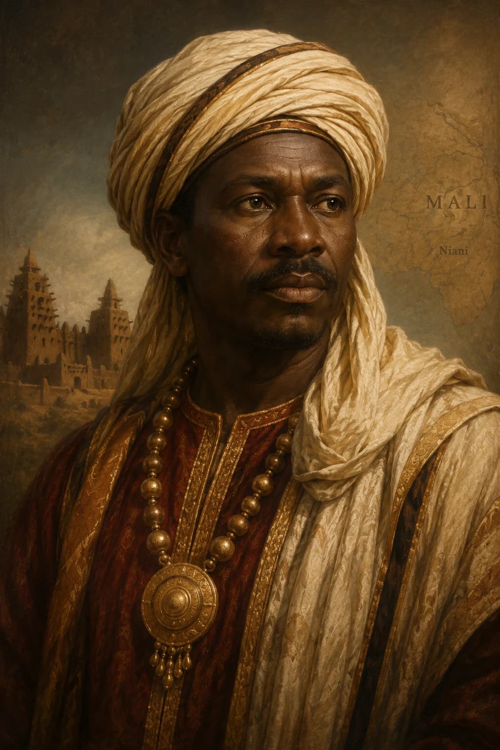 Portrait-style illustration of Sumanguru Kante in West African royal dress before a map and mud-brick architecture