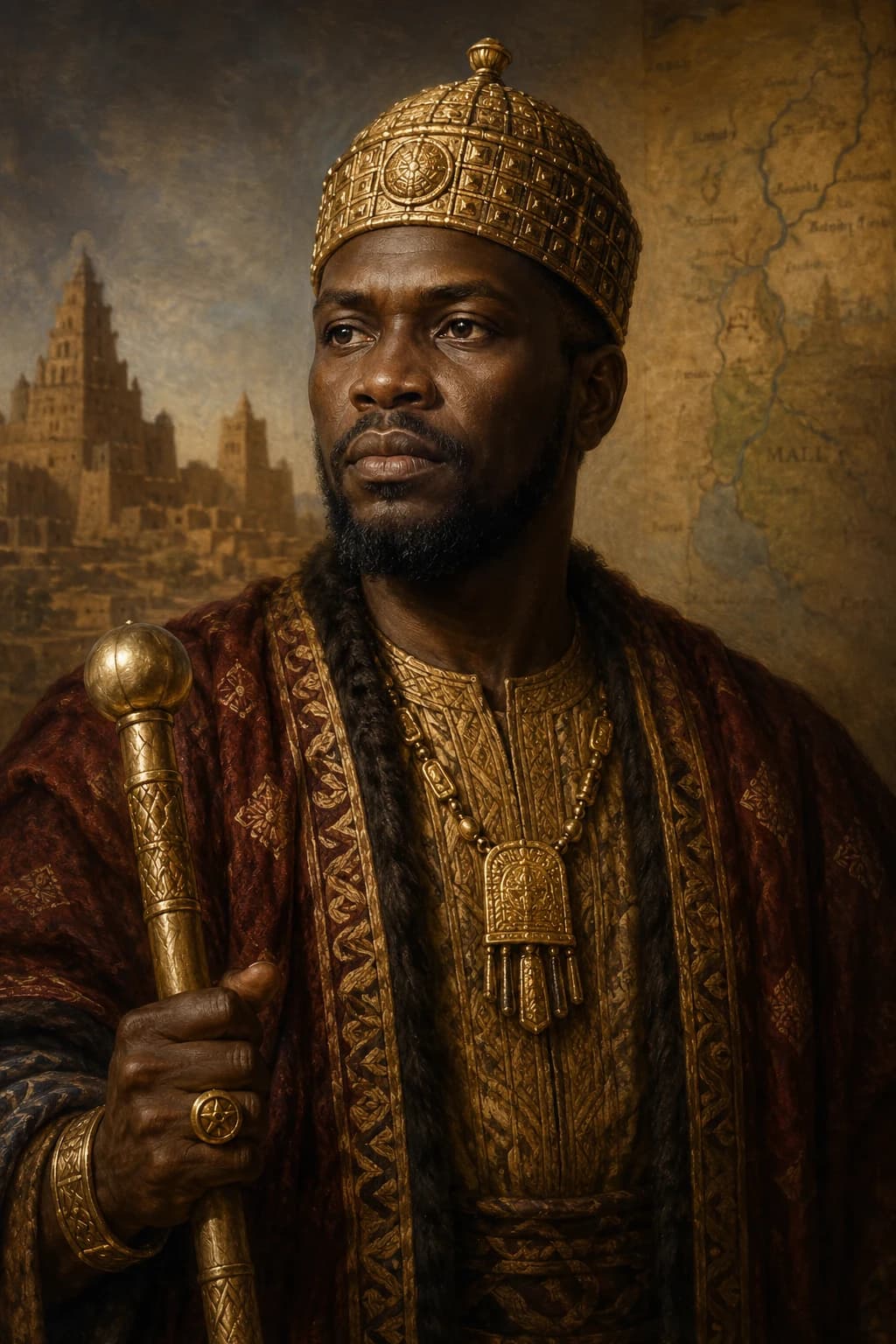 Portrait-style illustration of Sundiata Keita in Malian royal dress before a map and mud-brick city