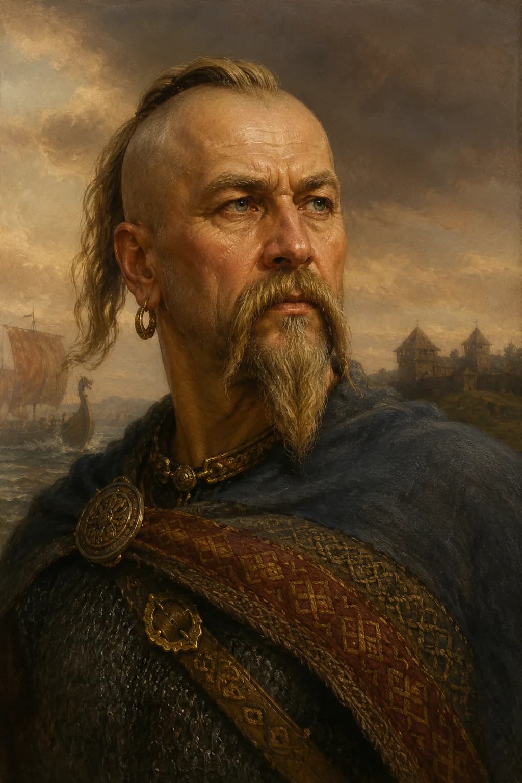 AI-generated portrait of Sviatoslav I in warrior attire with ships and a fortified settlement behind him