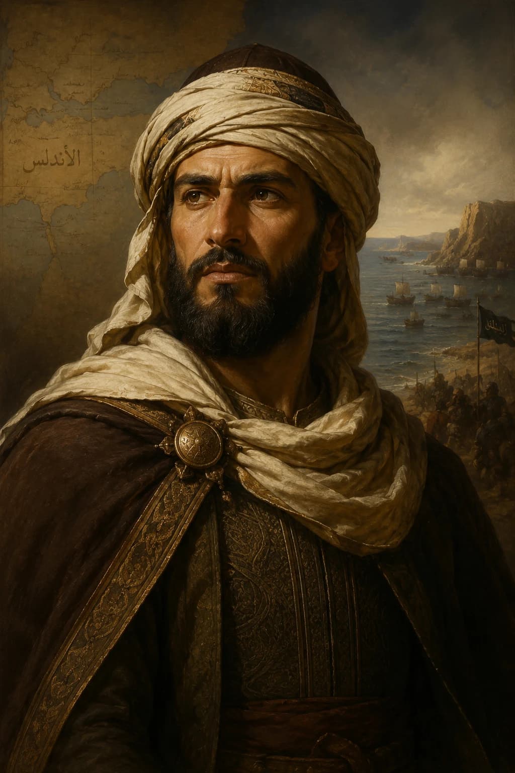 Portrait-style illustration of Tariq ibn Ziyad before a map and ships crossing toward Iberia