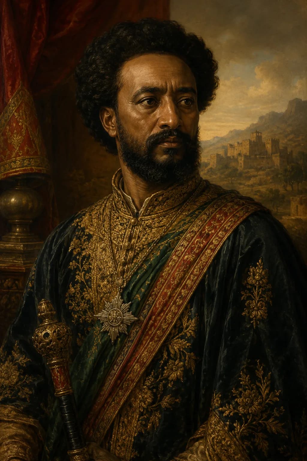 AI-generated portrait of Tewodros II in Ethiopian imperial dress