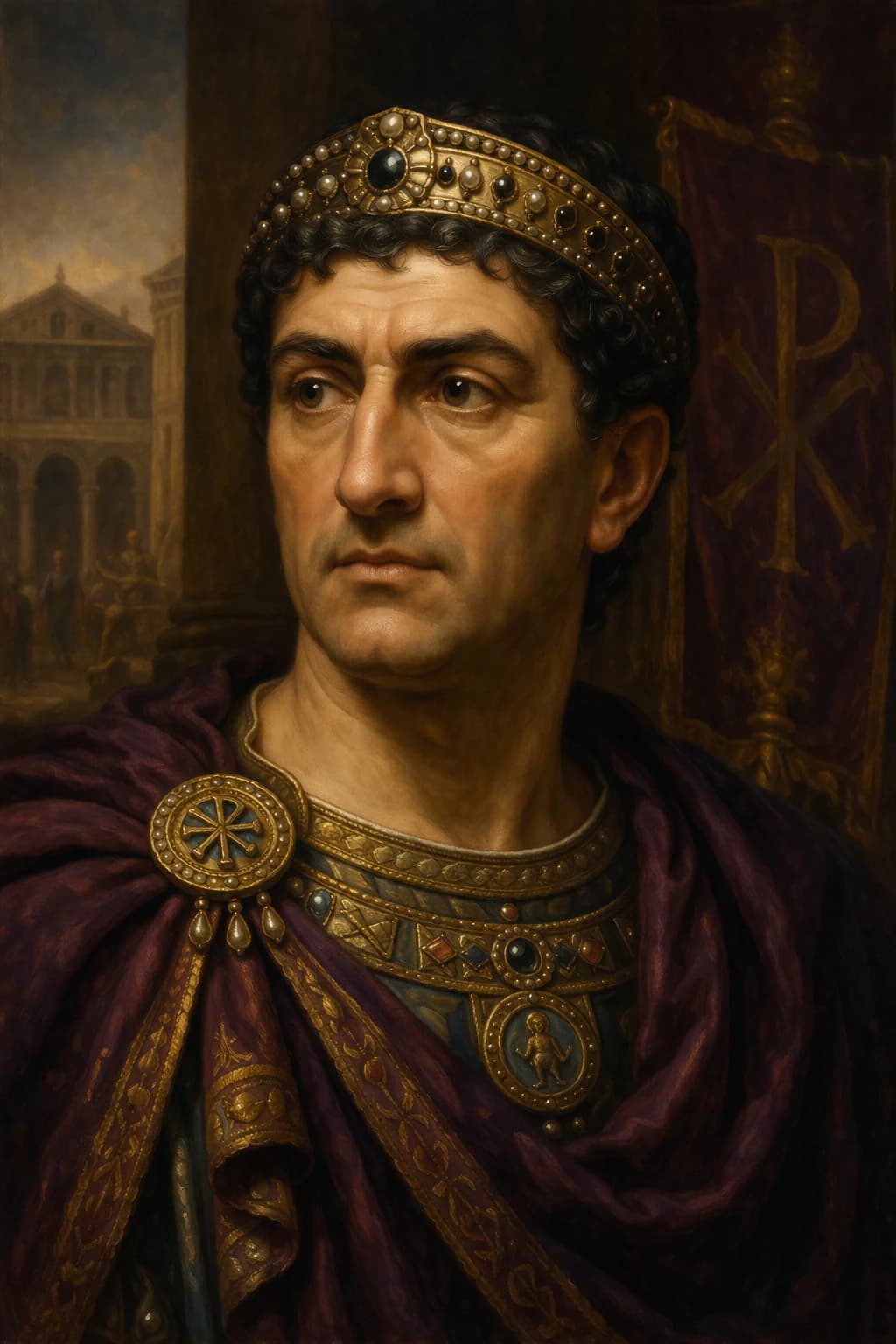 AI-generated portrait of Theodosius I in imperial regalia with Christian emblems