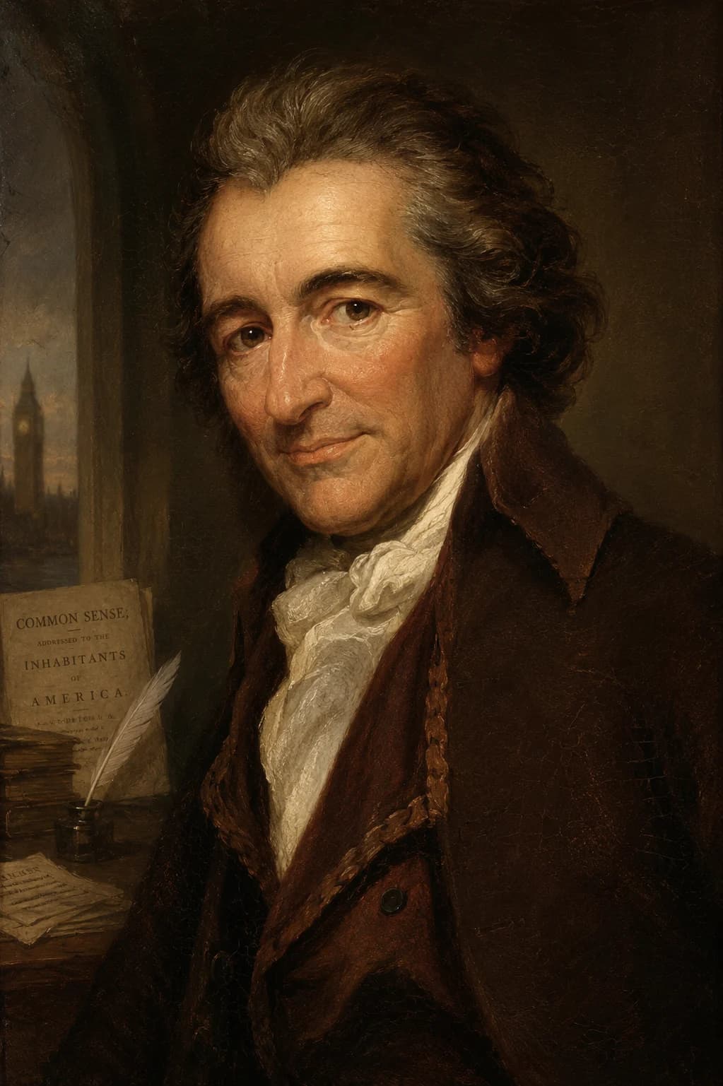 Portrait of Thomas Paine beside papers and a copy of Common Sense