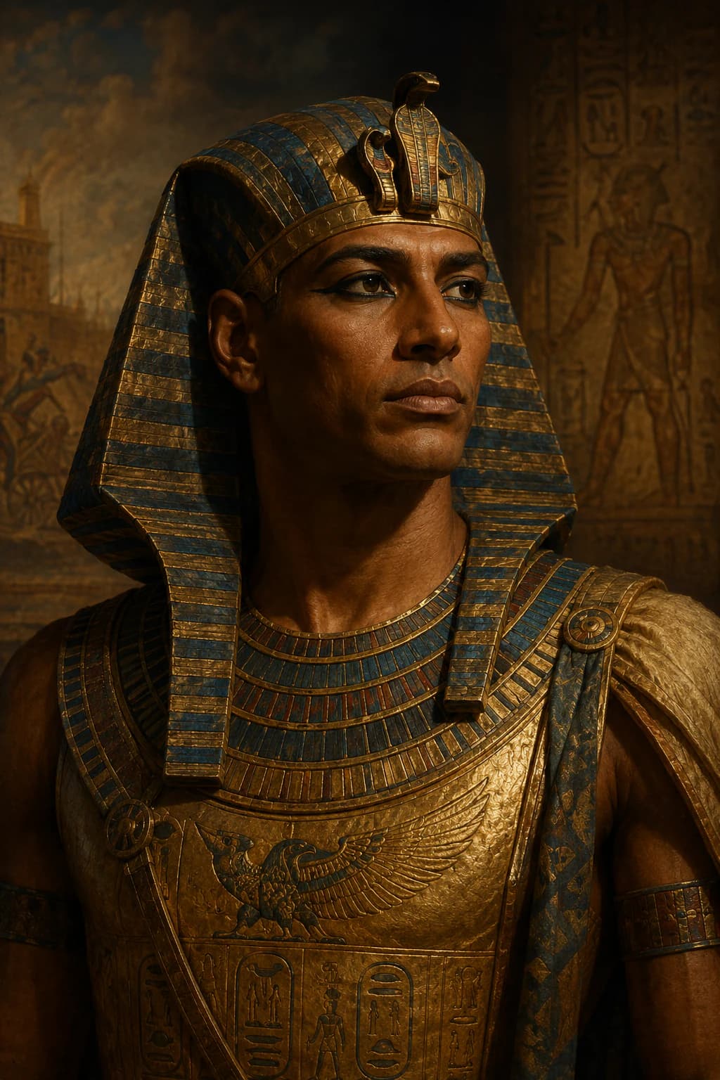 AI-generated portrait of Thutmose III in ancient Egyptian royal attire