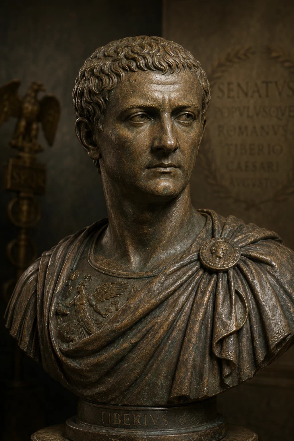 AI-generated portrait of Tiberius in Roman imperial military attire