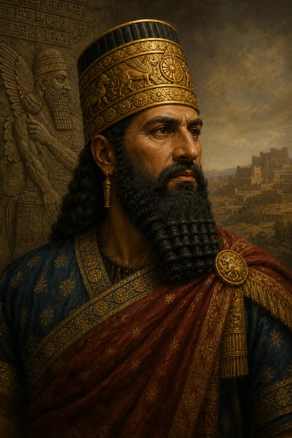 AI-generated portrait of Tiglath-Pileser III in Assyrian royal dress before a fortified city
