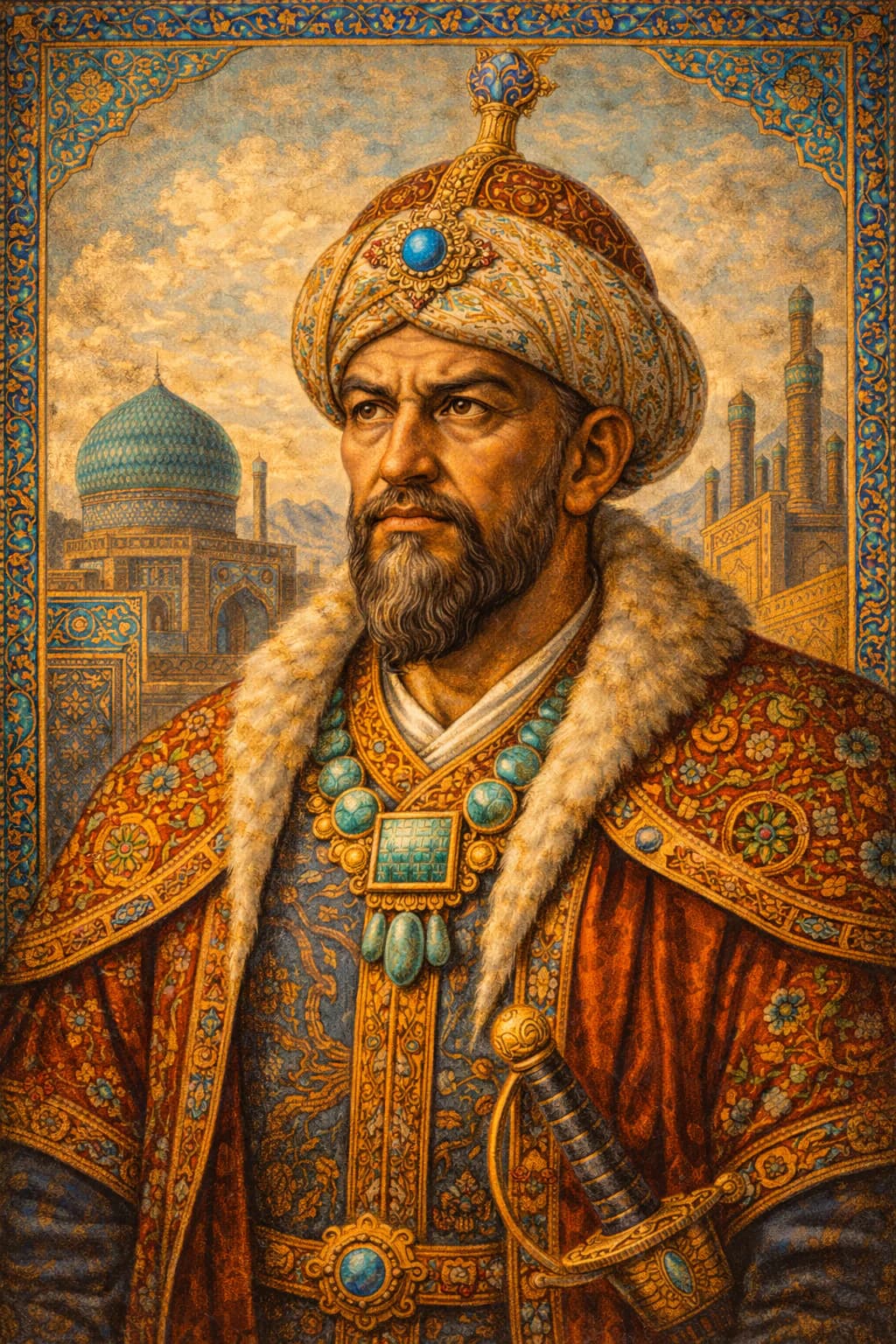 AI-generated portrait of Timur in Timurid imperial attire