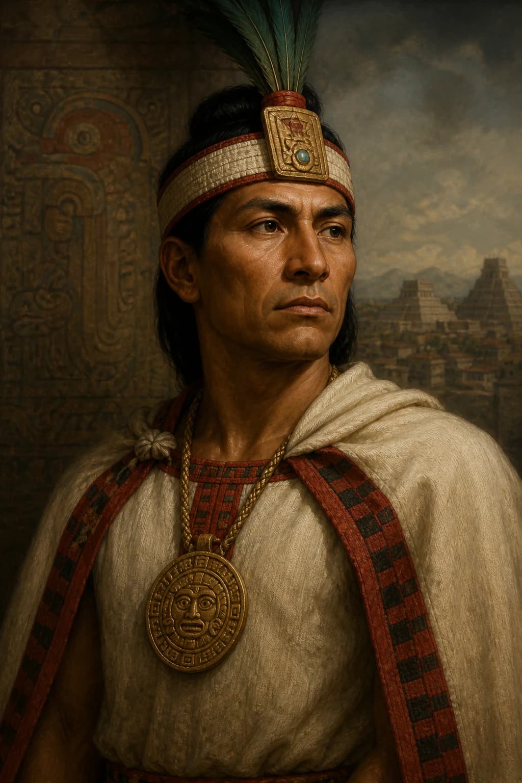 AI-generated portrait of Tlacaelel in white ceremonial dress before the temples of Tenochtitlan