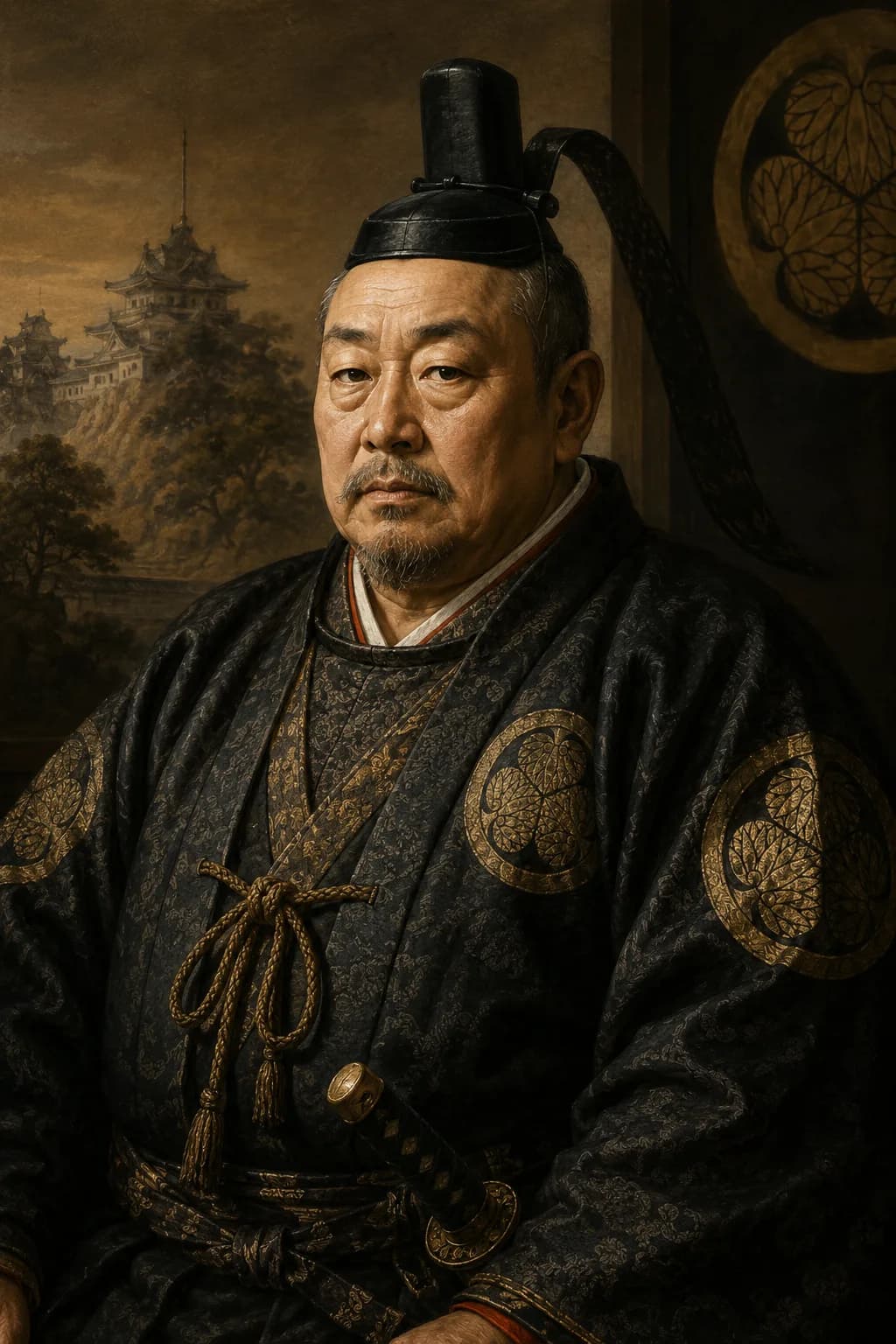 AI-generated portrait of Tokugawa Ieyasu in formal shogunal dress