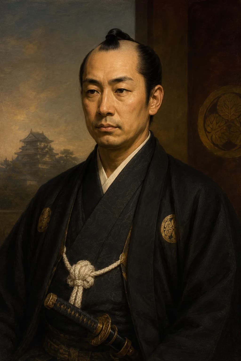 AI-generated portrait of Tokugawa Yoshinobu in formal Tokugawa dress