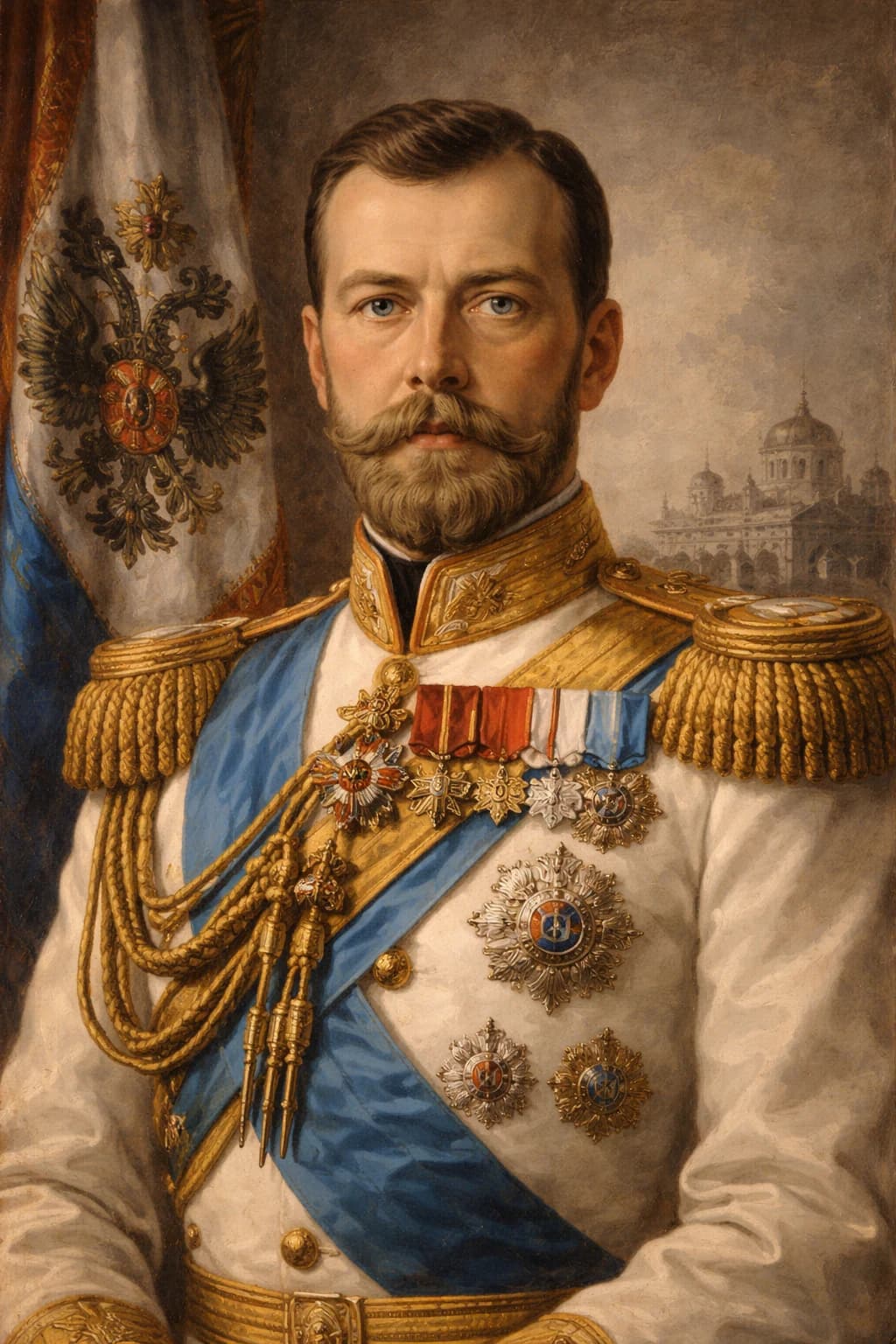 AI-generated portrait of Tsar Nicholas II in Russian imperial military uniform