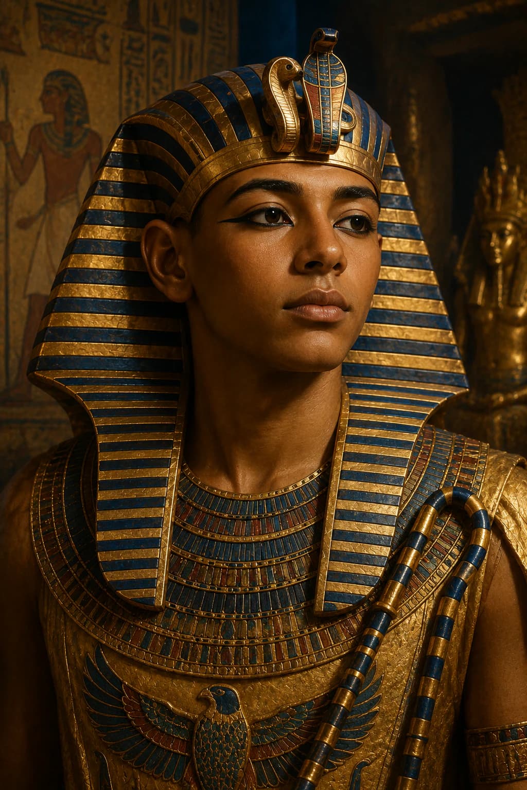 AI-generated portrait of Tutankhamun in ancient Egyptian royal attire