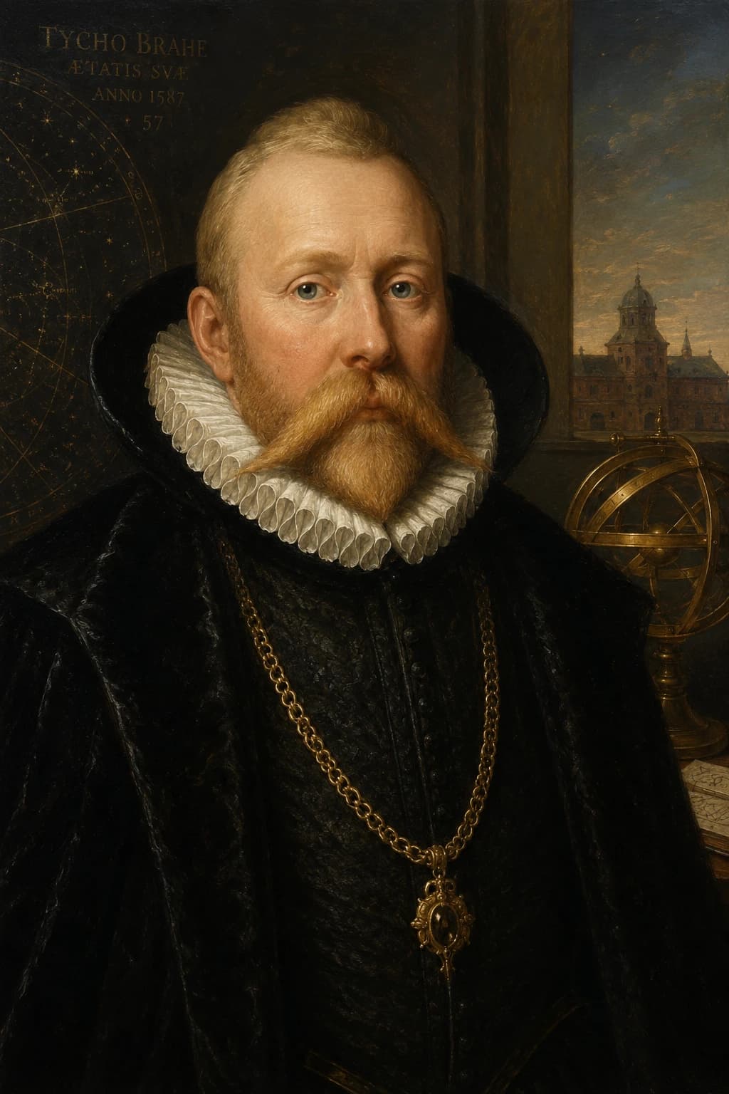 AI-generated portrait of Tycho Brahe with astronomical instruments and Uraniborg in the background