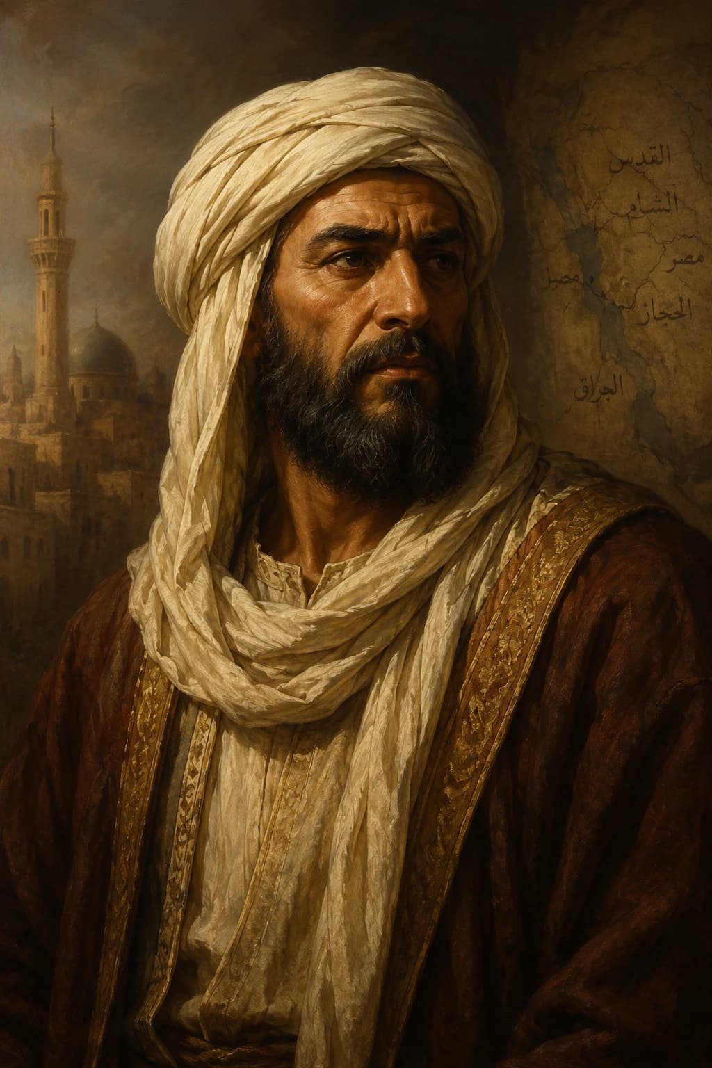 Portrait-style illustration of Umar ibn al-Khattab before a map of early Islamic expansion