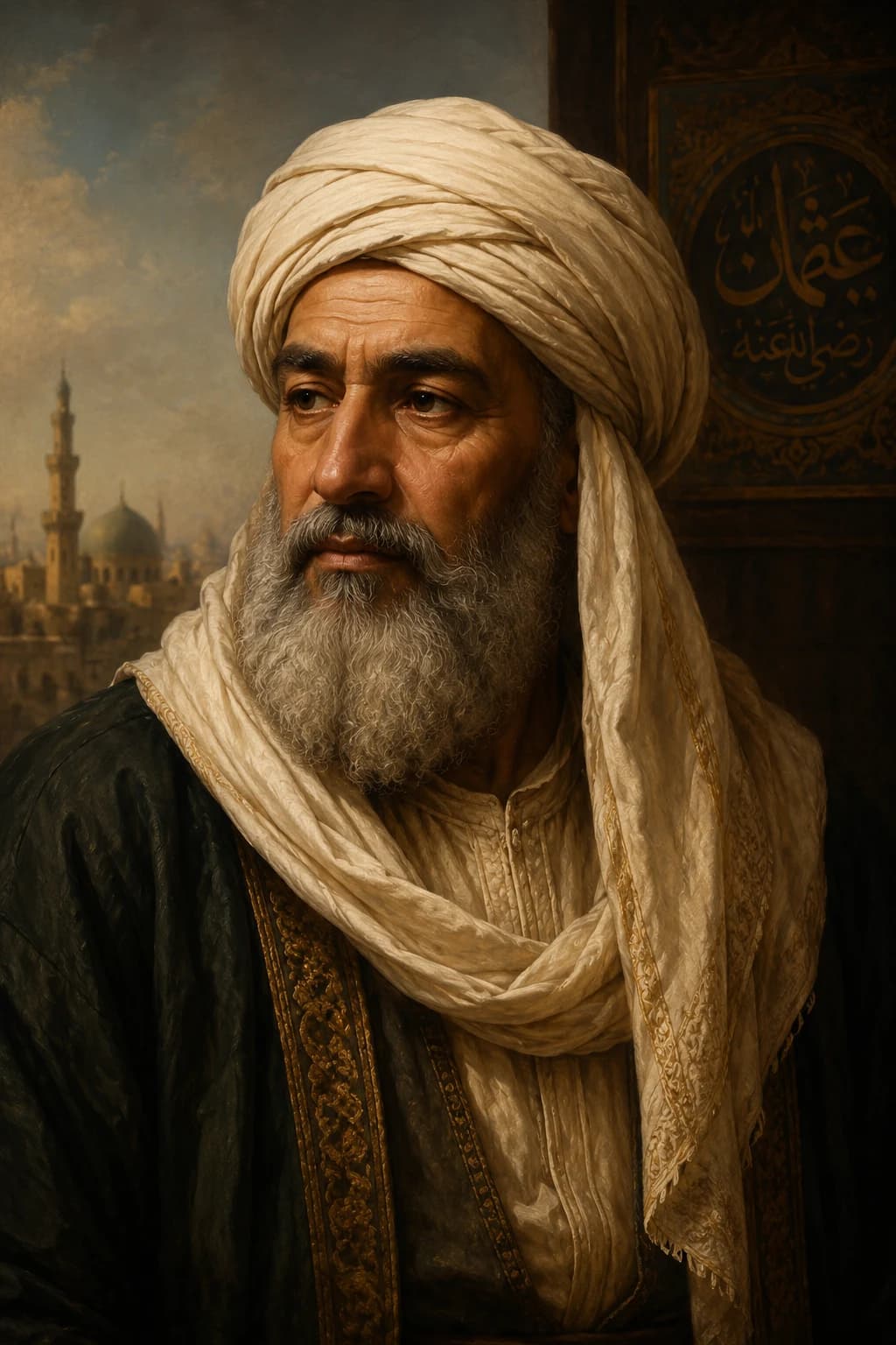 Portrait-style illustration of Uthman ibn Affan in an early Islamic setting