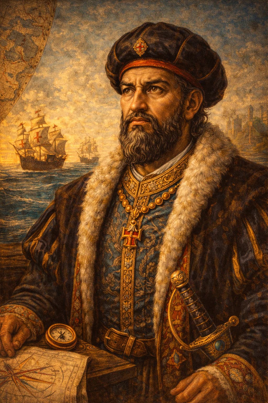 AI-generated portrait of Vasco da Gama in 15th-century Portuguese explorer attire