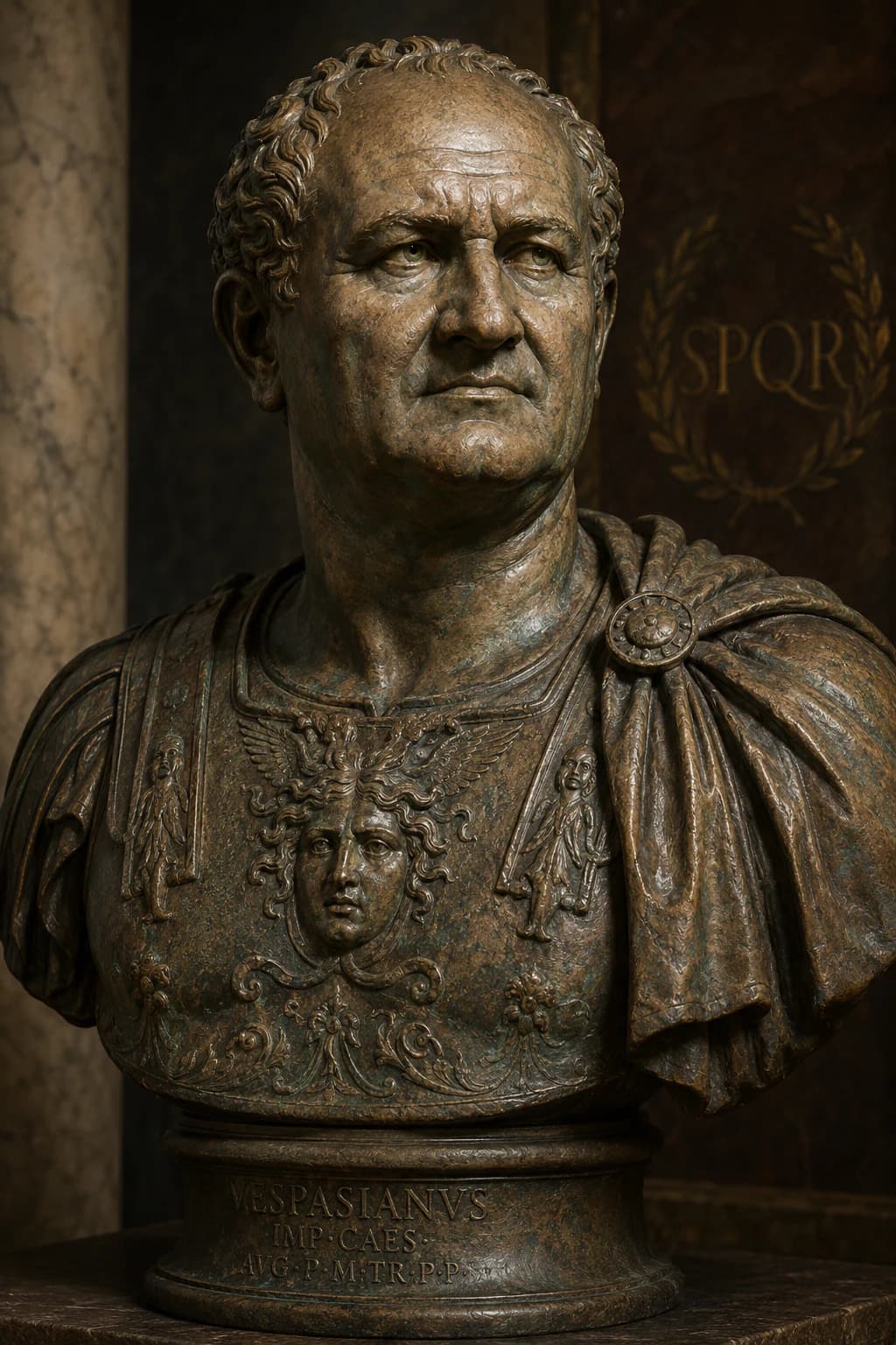 AI-generated portrait of Vespasian in Roman imperial military attire