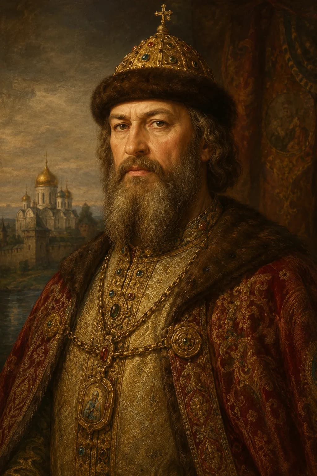 AI-generated portrait of Vladimir Monomakh wearing a jeweled crown and princely robes