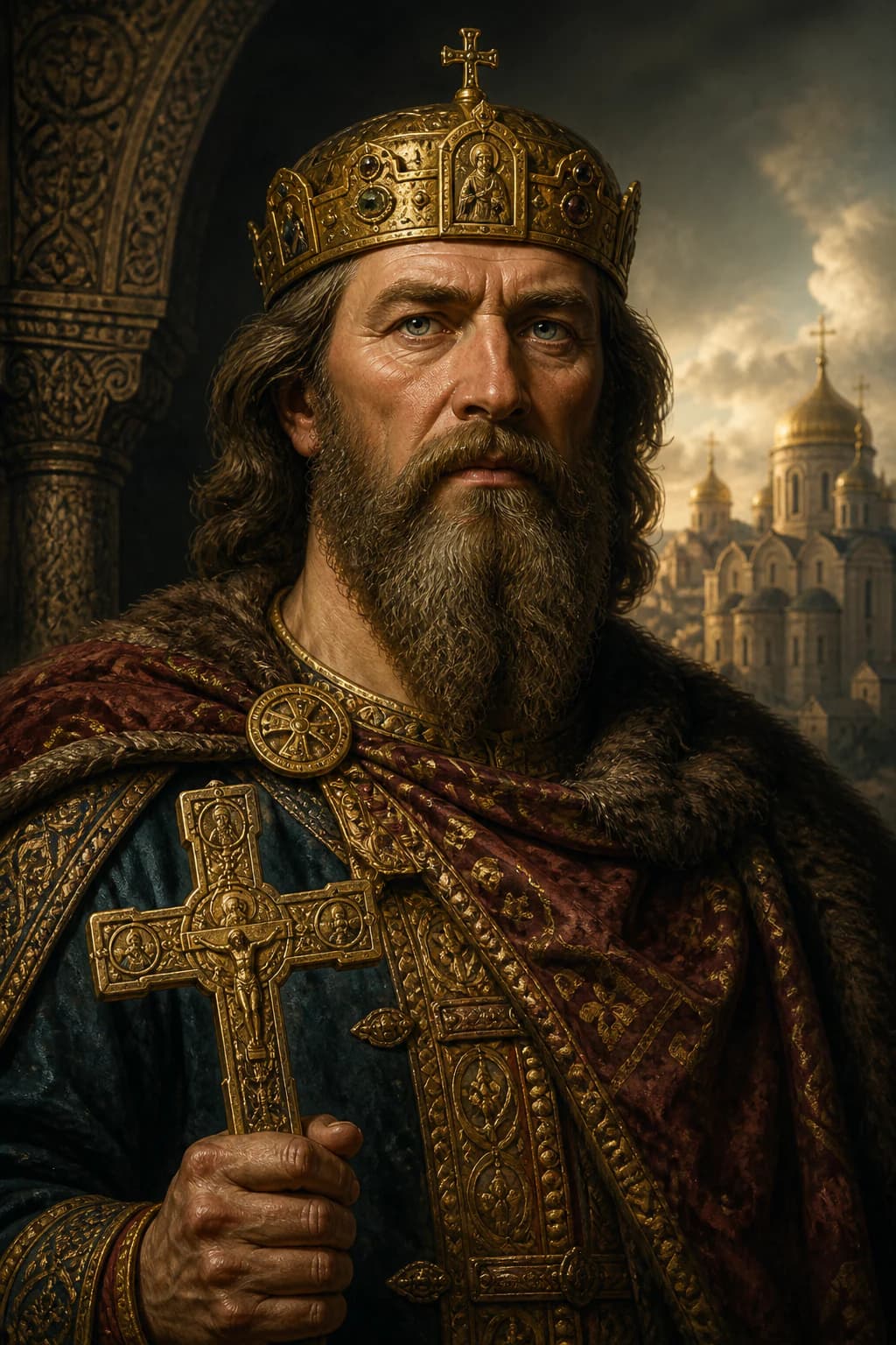 AI-generated portrait of Vladimir the Great holding a cross in princely regalia