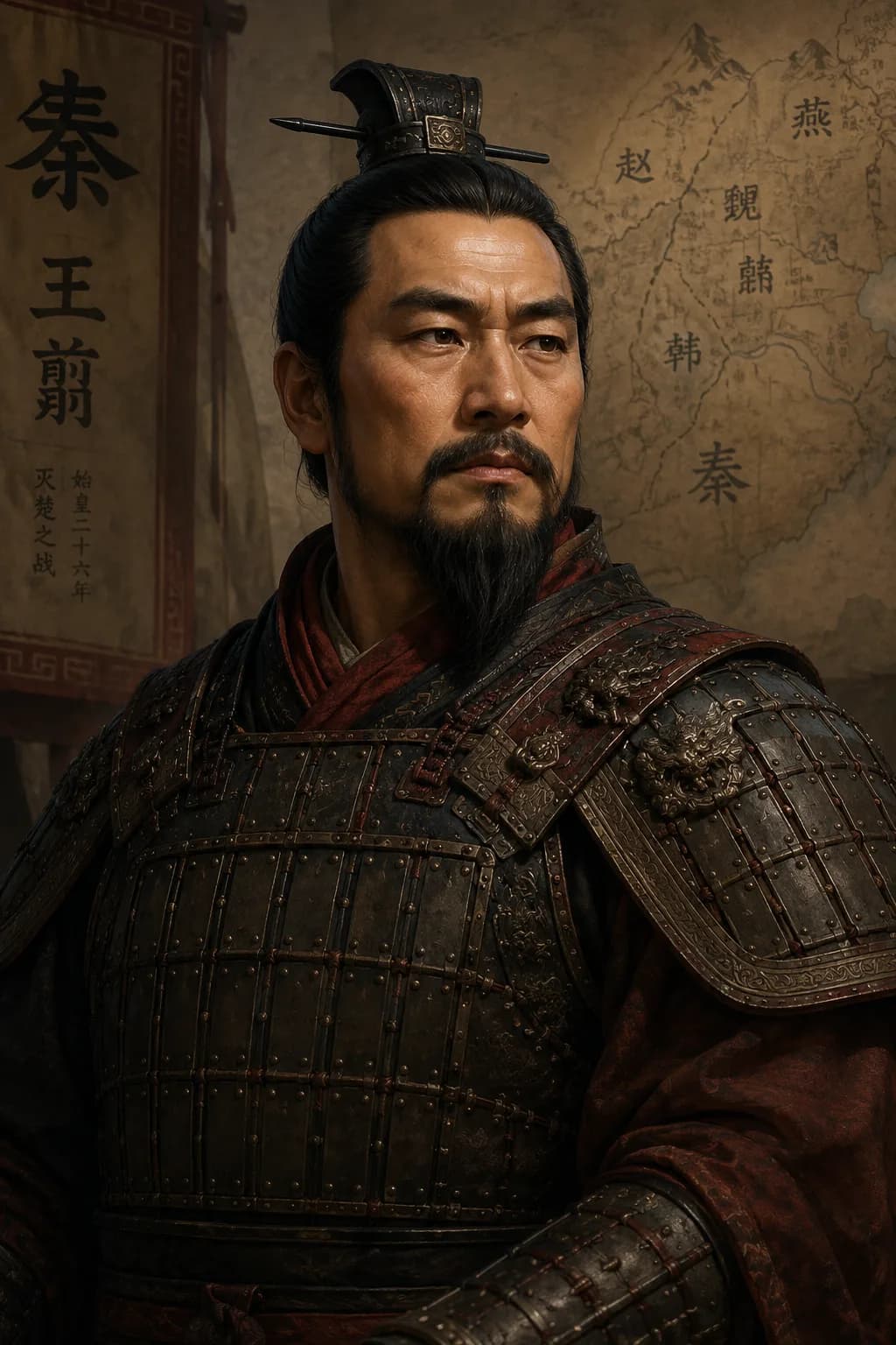 AI-generated portrait of Wang Jian in Qin armour before a campaign map