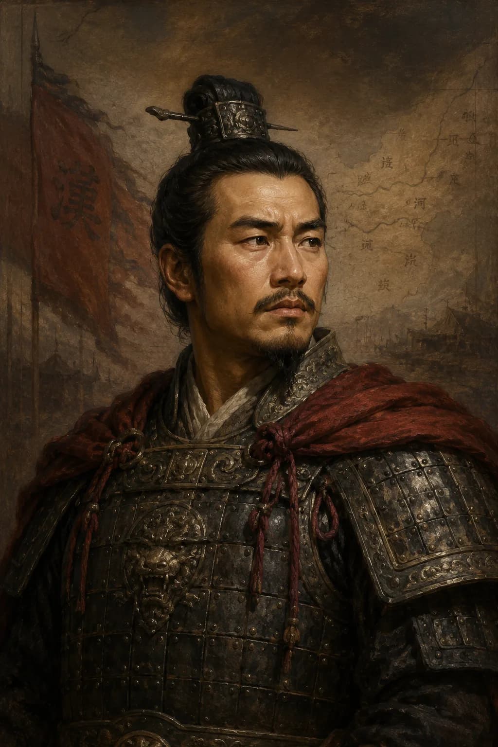 AI-generated portrait of Wei Qing in Han armor with a frontier map and military banner behind him