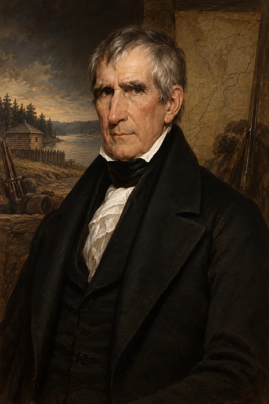 AI-generated portrait of William Henry Harrison in formal presidential attire