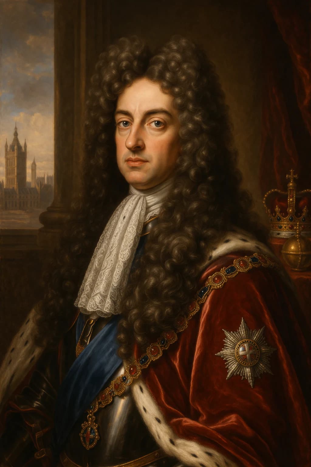 AI-generated portrait of William III in late 17th-century royal attire