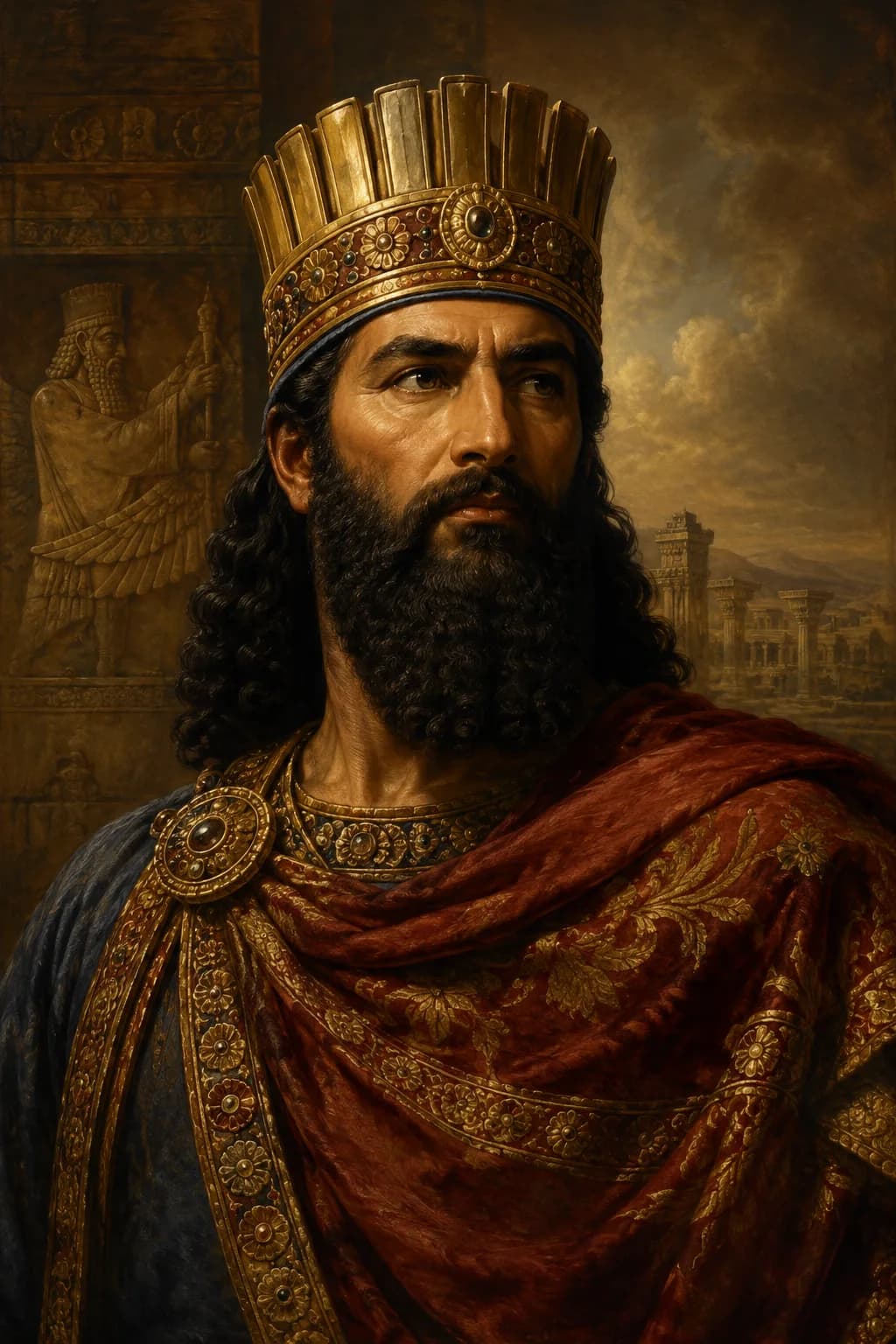 AI-generated portrait of Xerxes I in Achaemenid royal dress