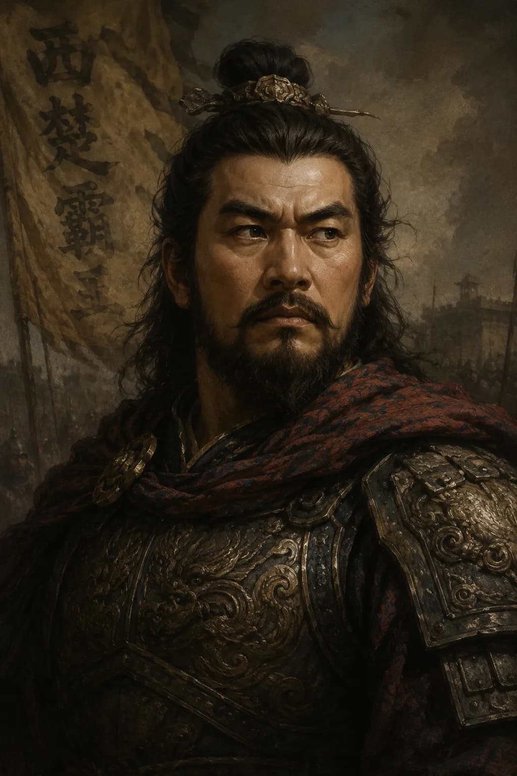 AI-generated portrait of Xiang Yu in armor with a Western Chu banner behind him