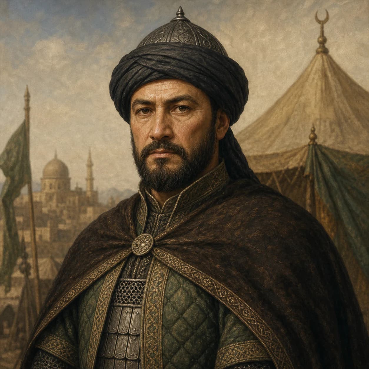 AI-generated portrait of Zengi in medieval Islamic court and military attire