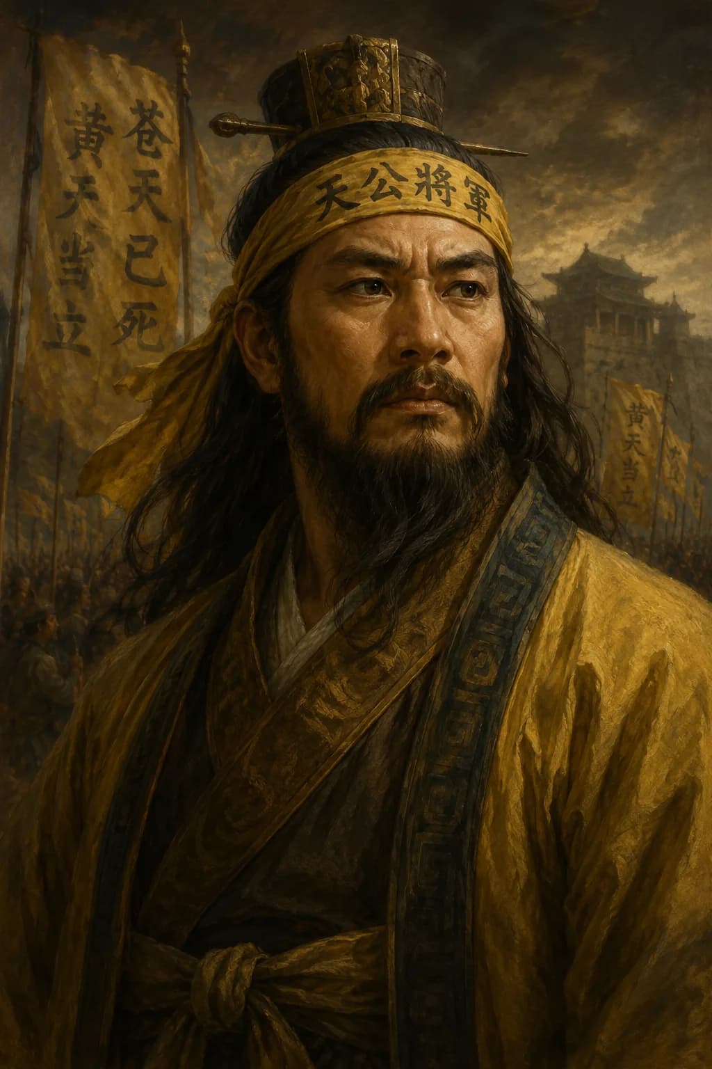 AI-generated portrait of Zhang Jue wearing a yellow headband before Yellow Turban banners