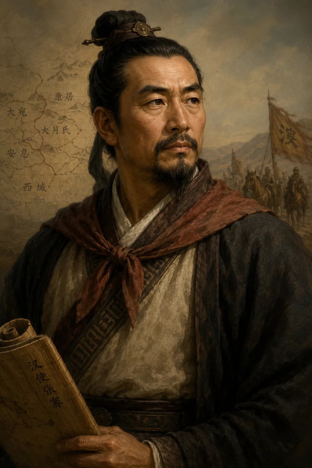AI-generated portrait of Zhang Qian holding a bamboo scroll with Central Asian routes behind him