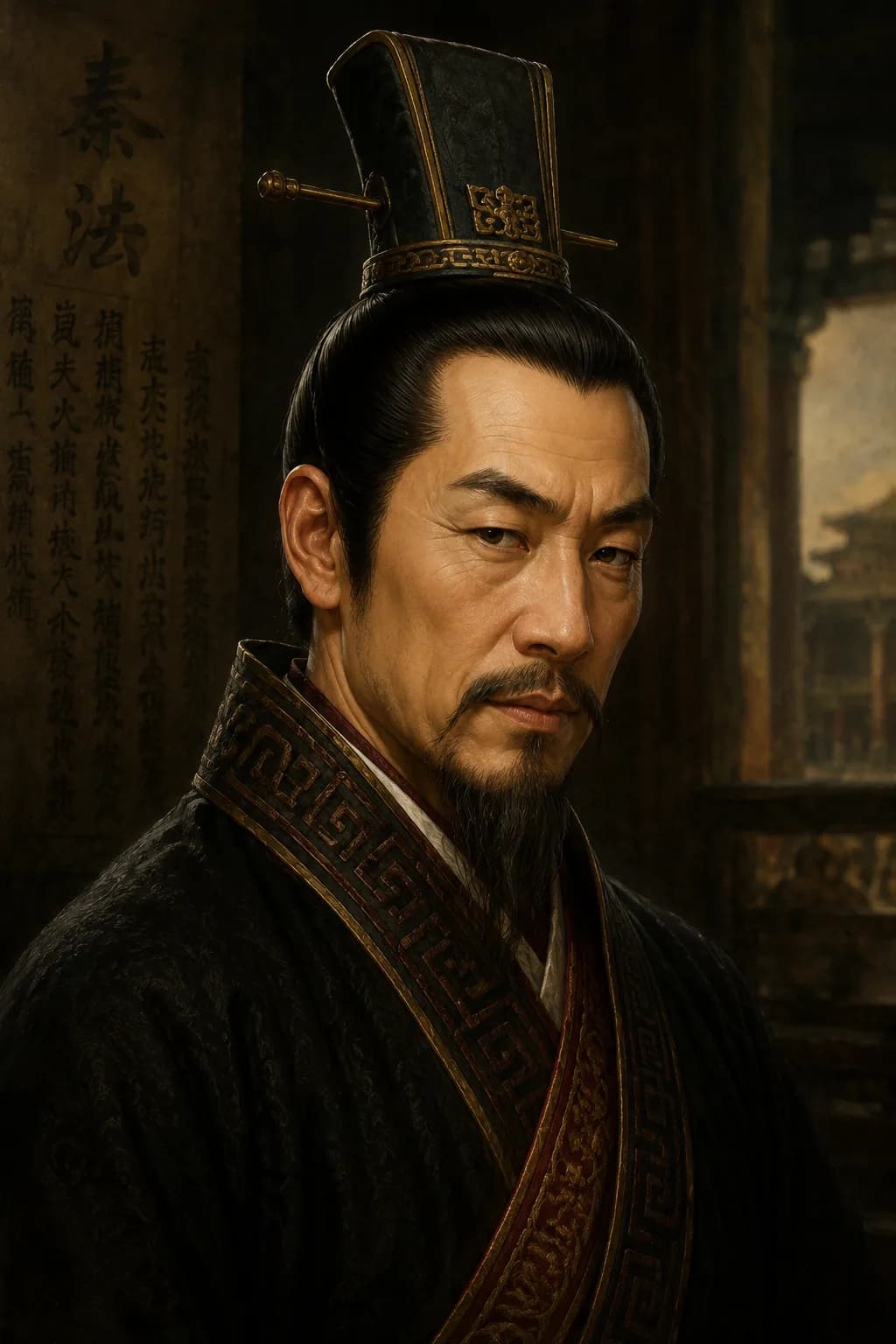 AI-generated portrait of Zhao Gao in dark Qin court robes inside the imperial palace