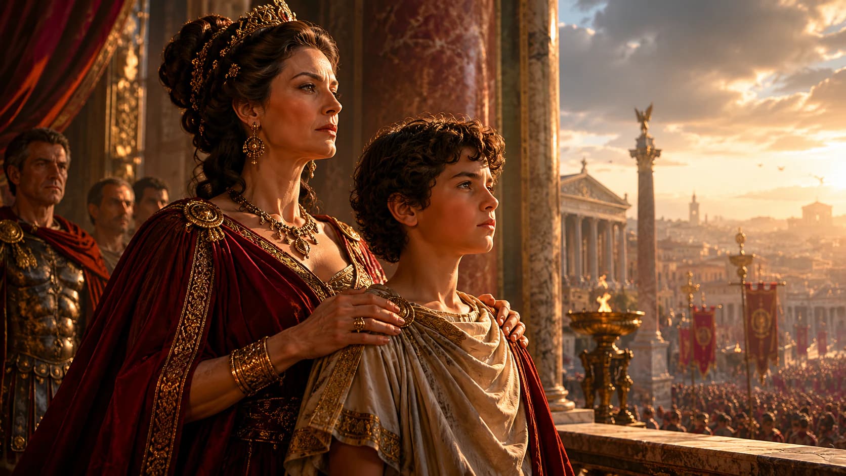 Agrippina the Younger standing beside the young Nero on a Roman palace balcony above the city