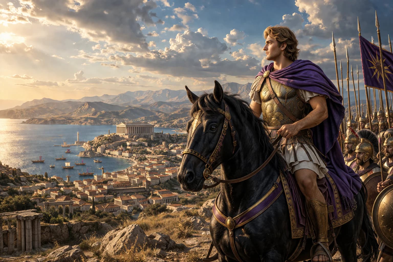 Alexander the Great on horseback leading his cavalry charge at Gaugamela, the Persian army breaking before him across a vast open plain