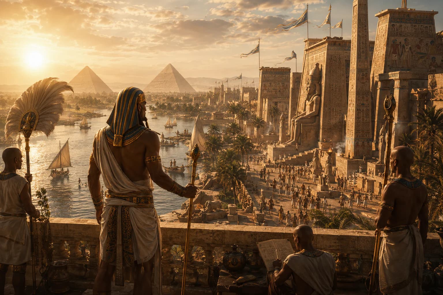 The Nile flowing past temples, pyramids, and royal cities of ancient Egypt.