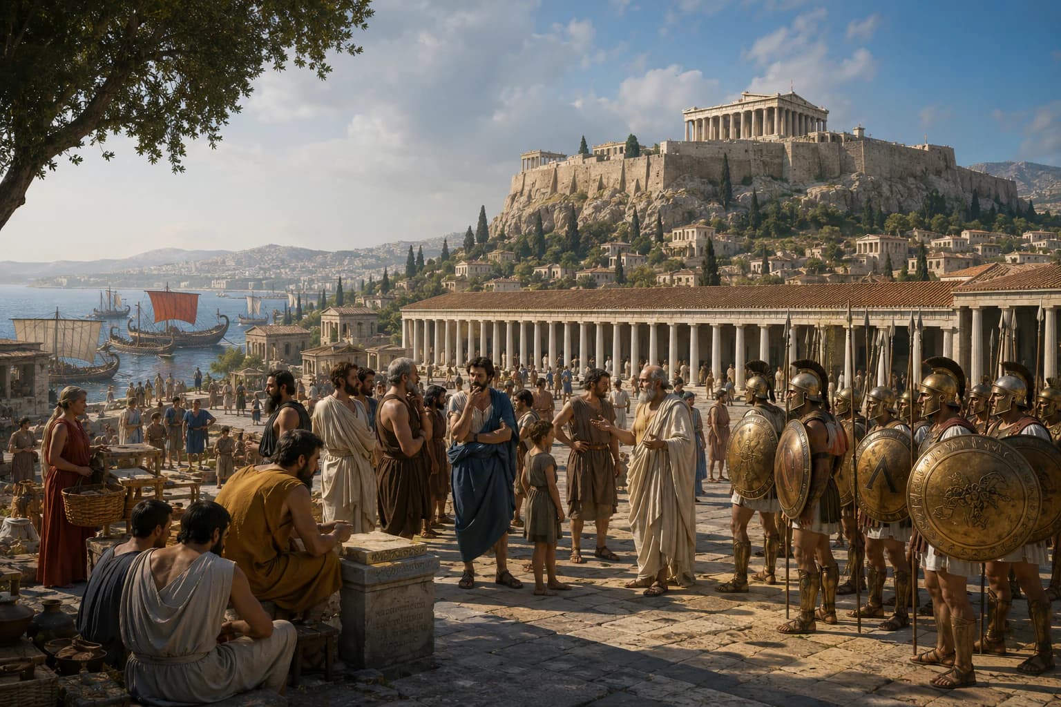 Sunlit temples above a bustling Greek polis, hoplites assembling below as philosophers debate in a colonnaded square