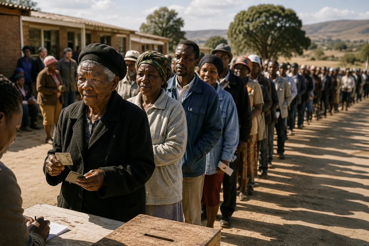 South Africans queueing with identity documents in a rural setting during the transition from apartheid rule.