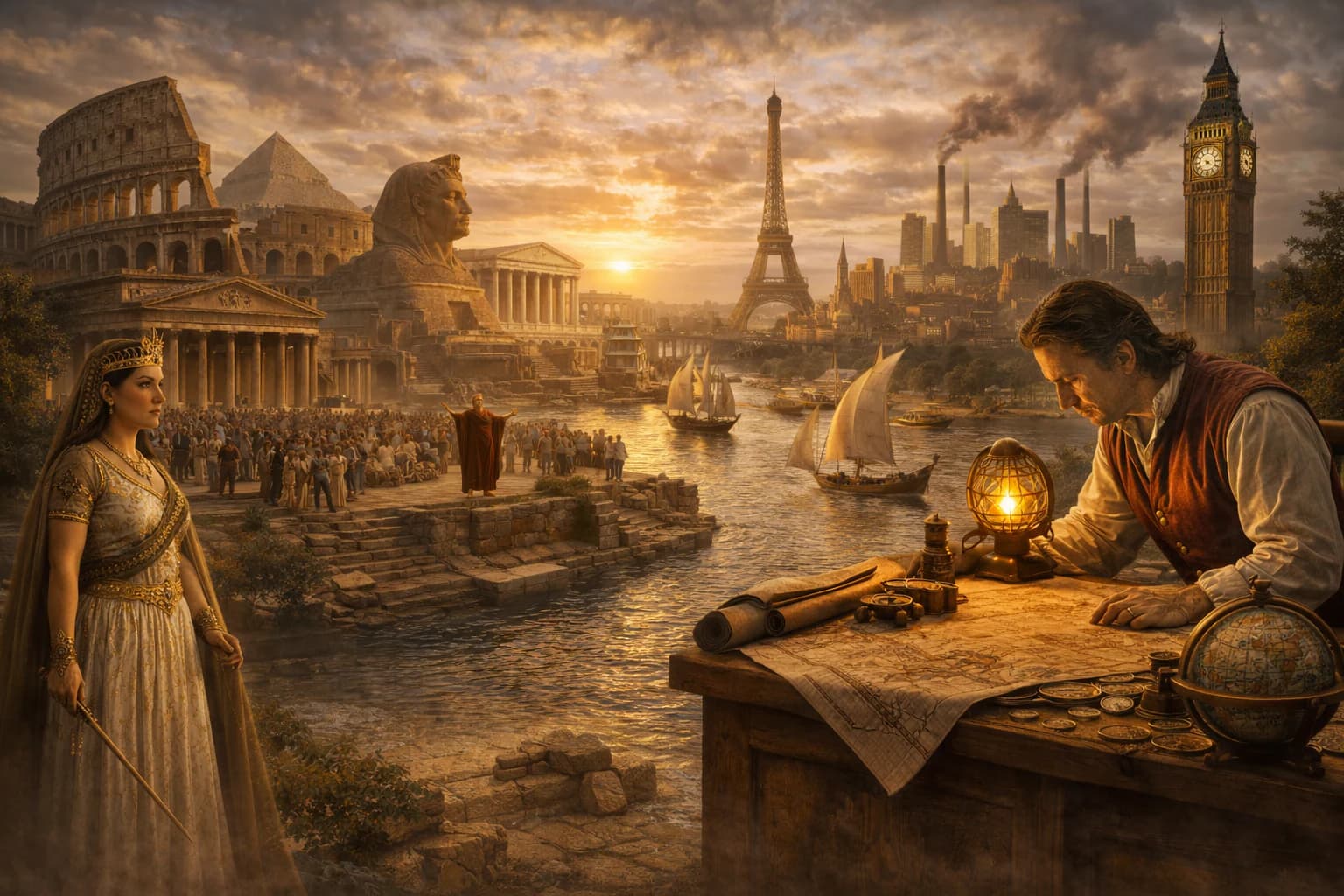 Historical collage showing connected eras across 9,000+ years of world history