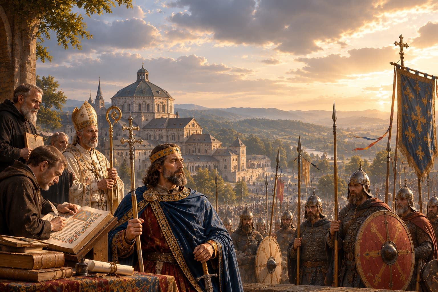 Charlemagne with bishops, scholars and Frankish soldiers overlooking a Carolingian city at sunset.