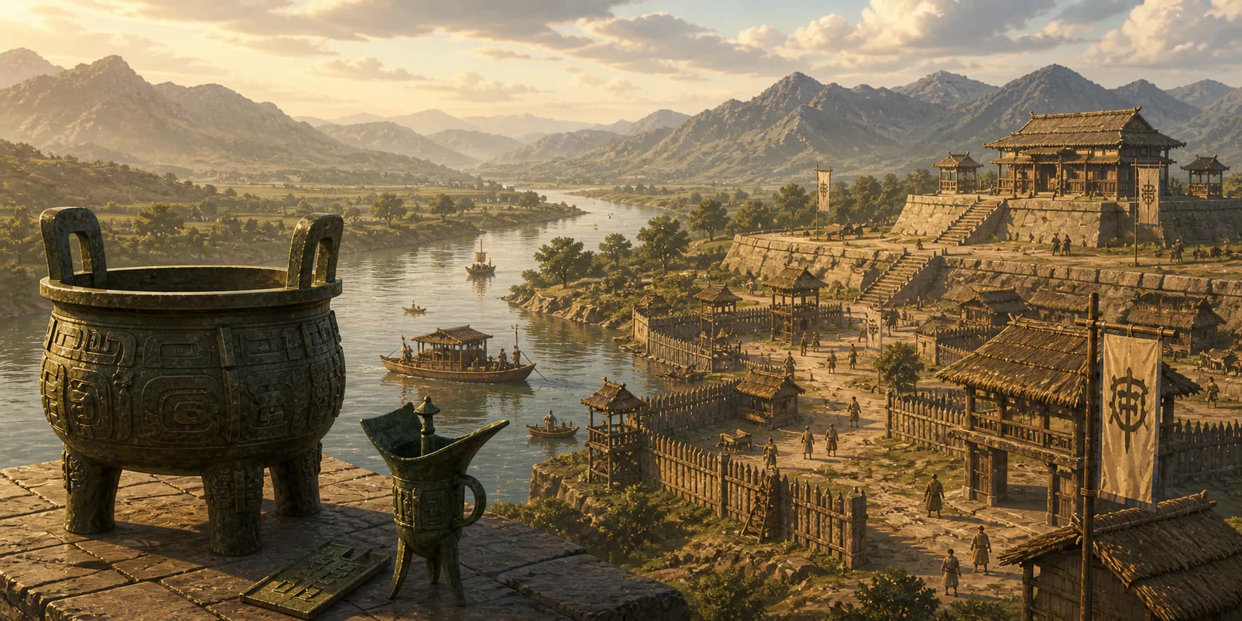 Bronze ritual vessels, oracle bones, and royal temples from the Yellow River civilisations of ancient China.