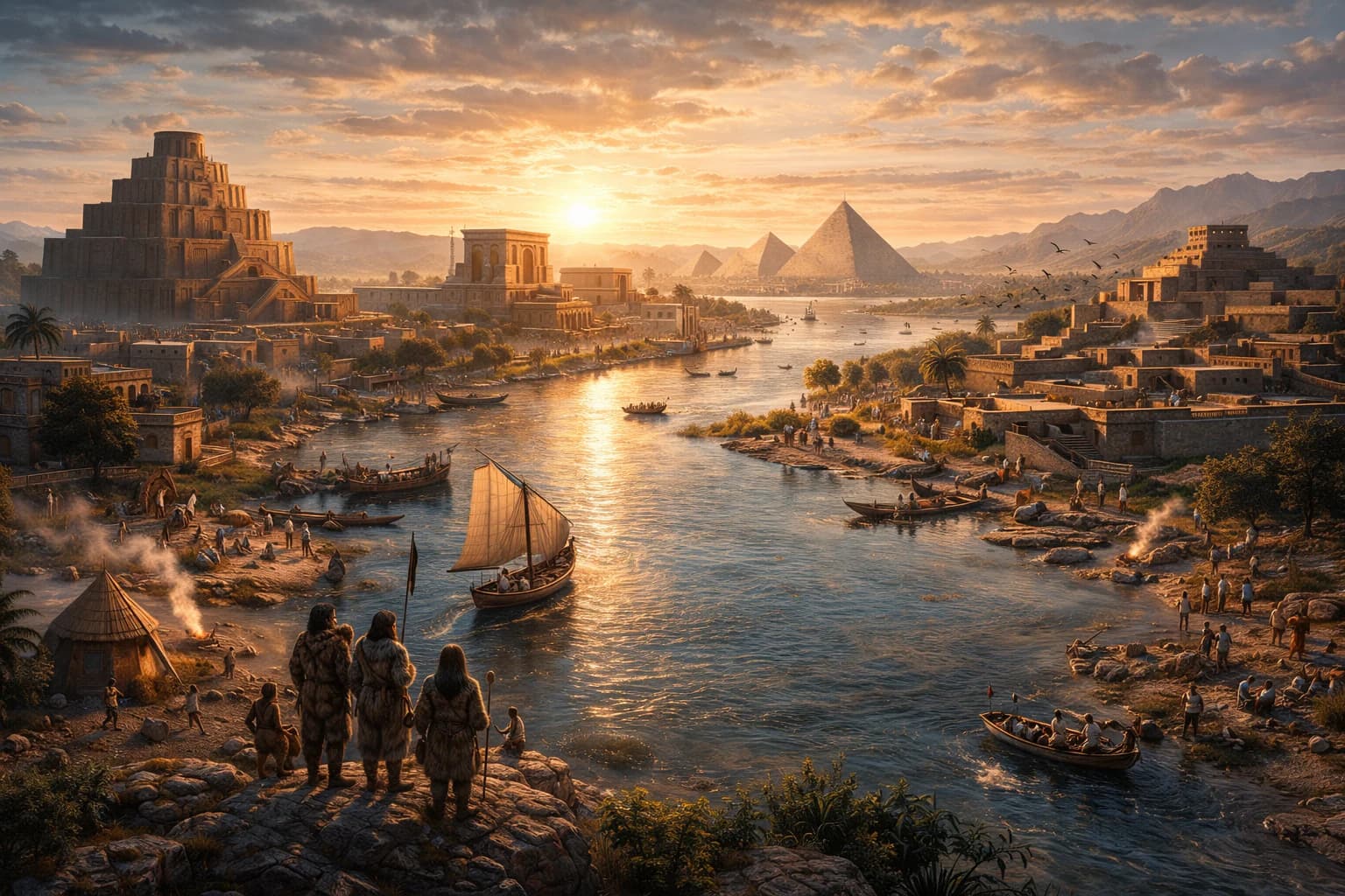Early river civilizations with cities, temples, waterways and fields