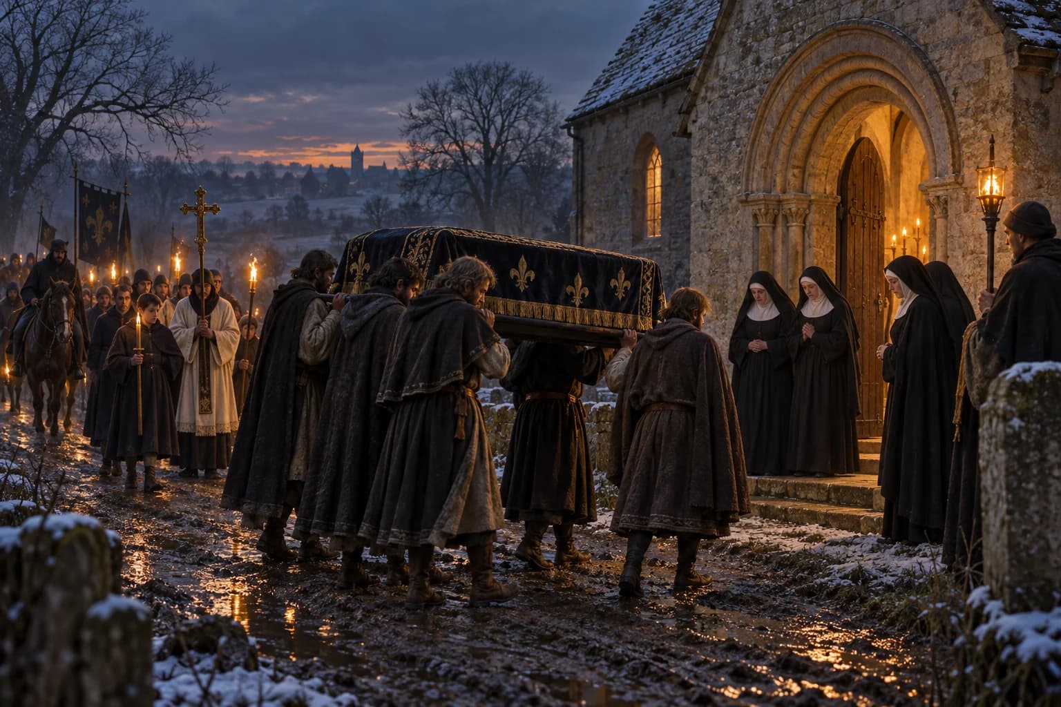 AI-generated historical illustration imagining Eleanor of Castile's covered coffin arriving at a medieval nunnery; the church is illustrative, not a reconstruction of Delapré Abbey.