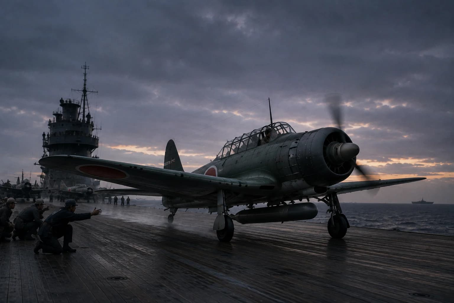 Japanese carrier aircraft on a flight deck at dawn with a warship in the background.