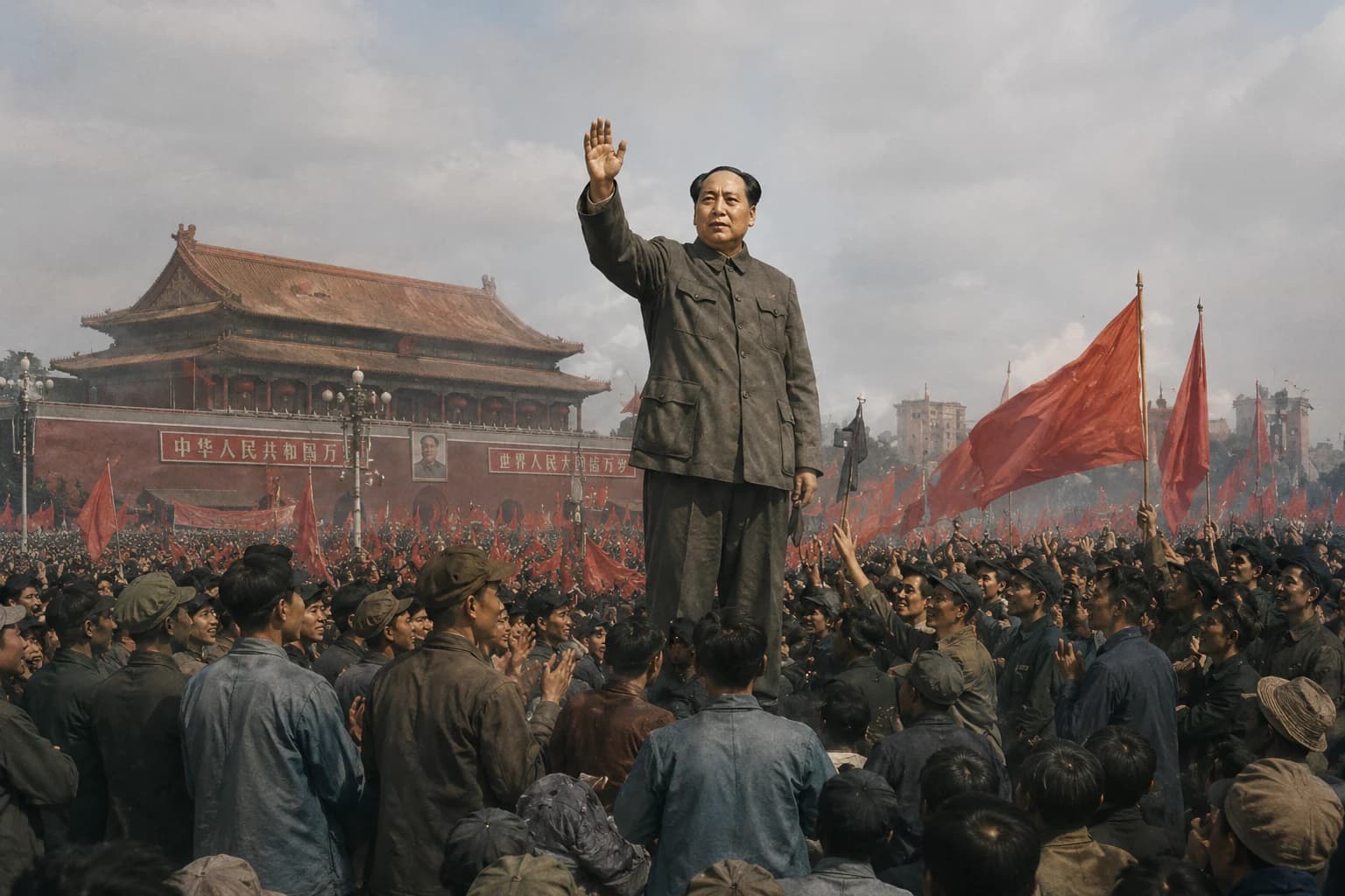 Mao Zedong addressing crowds in revolutionary China beneath red banners and state slogans.