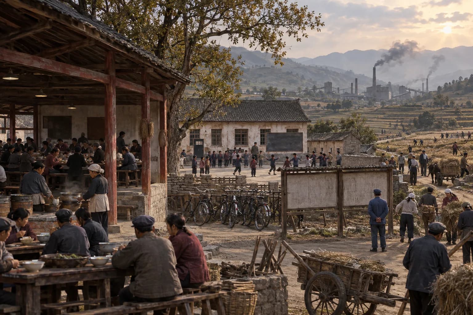 A Mao-era rural commune shows a communal dining hall, schoolyard, bicycles, field labor, and distant industrial chimneys.