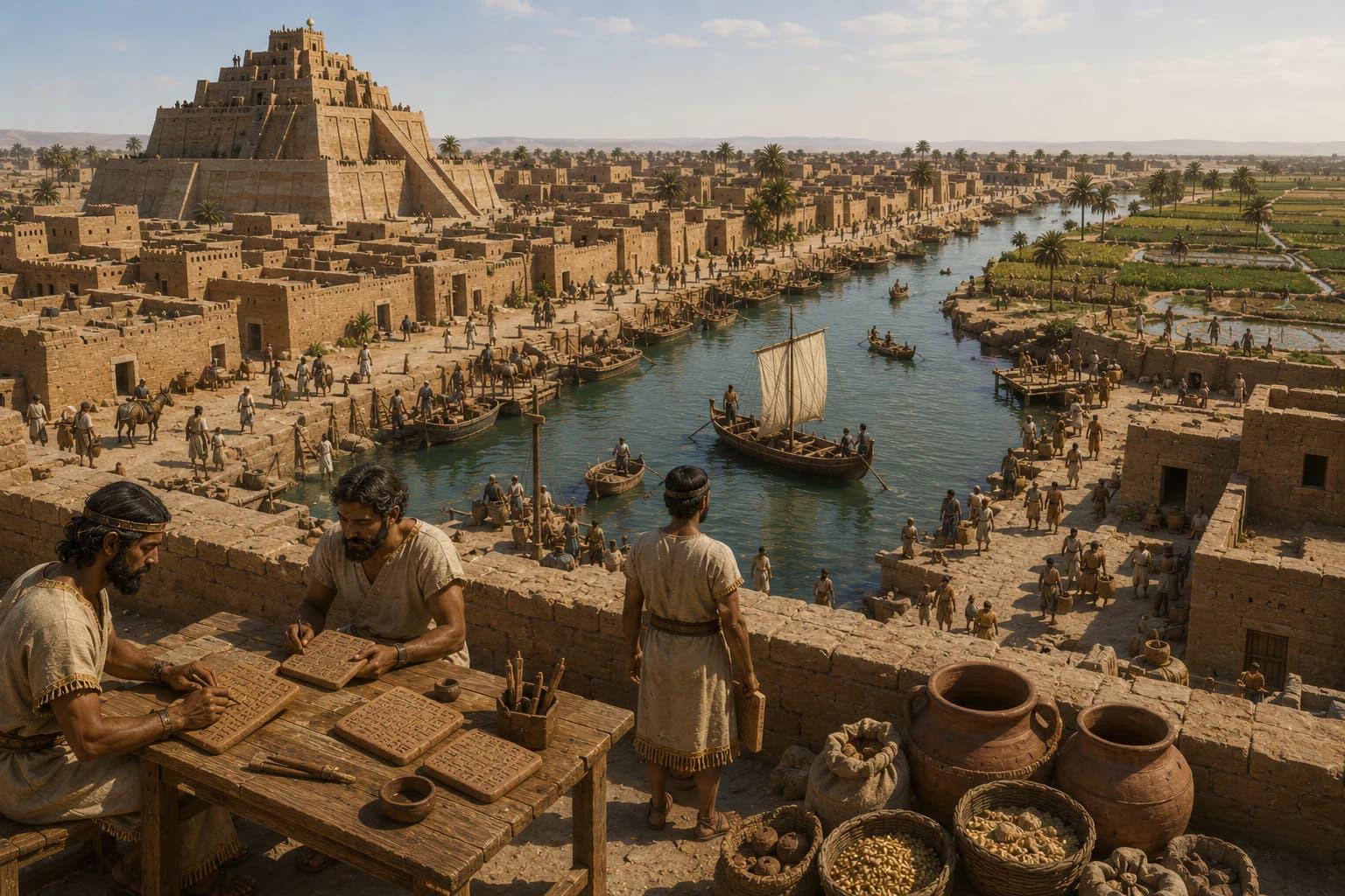 The ancient cities of Mesopotamia rising from the floodplains of the Tigris and Euphrates.