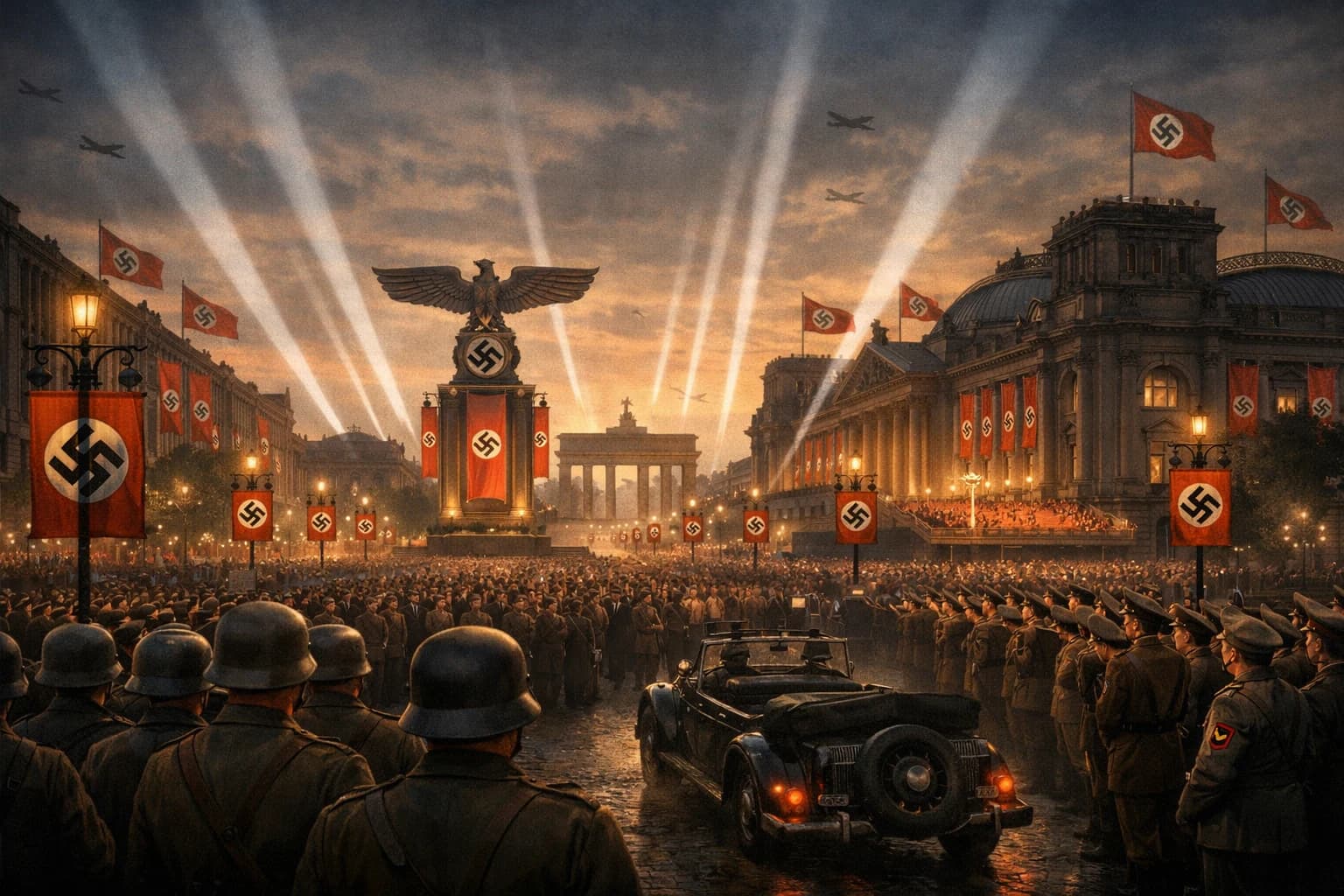 Berlin in the 1930s beneath Nazi banners and mass rallies